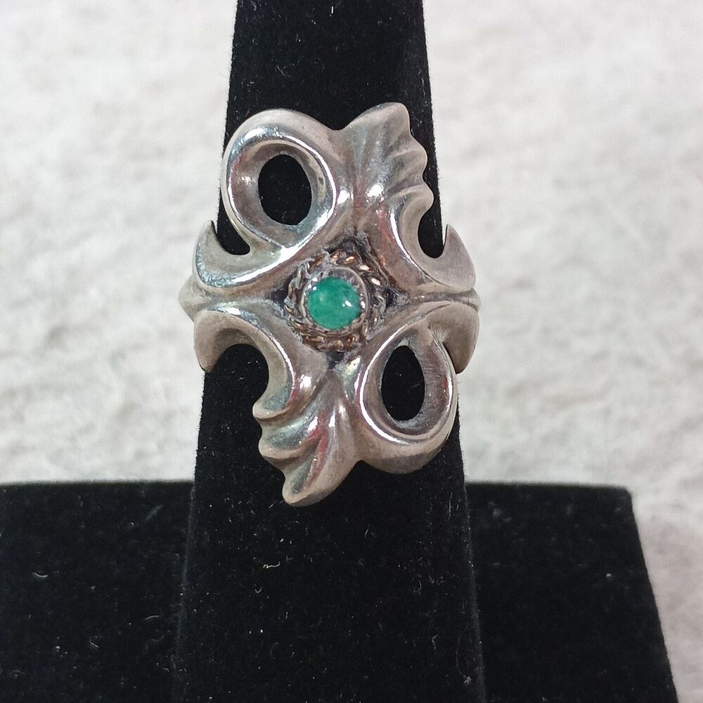 Vintage Turquoise Ring Southwestern Silver Tone Openwork Scroll Statement sz6